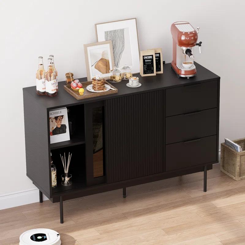 Ebern Designs Ebern Designs Sideboard Anetha, 47" X 31.5" Buffet Anetha With Storage, Black Sideboard With 2 Sliding Doors & 3 Drawers, Wood Coffee Bar Entryway Storage For Living Room