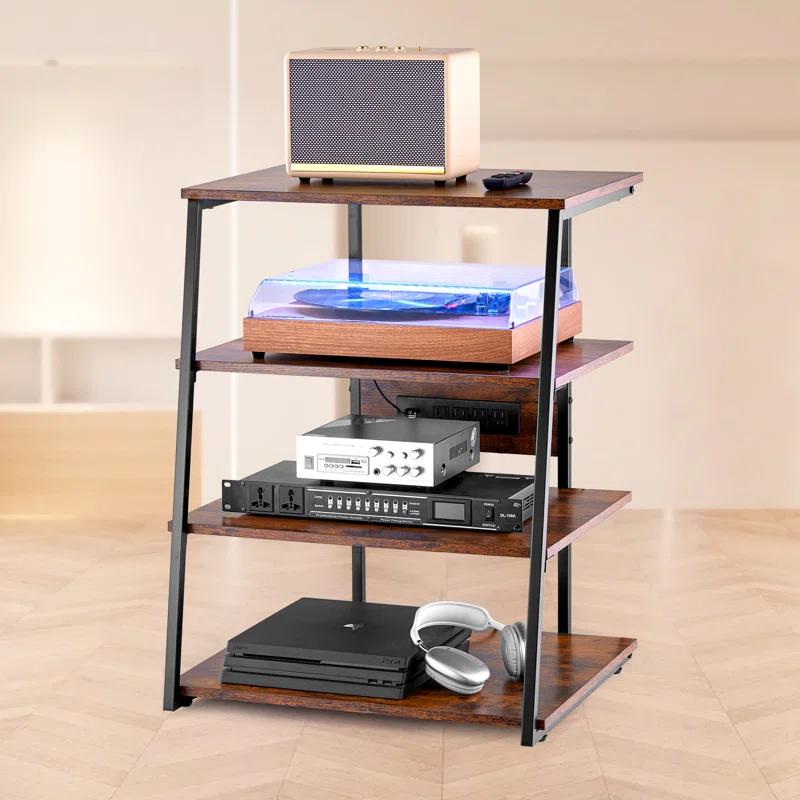 VEVOR 4-Tier AV Media Stand with Power Strips, Corner TV Stand with LED Lights, Height Adjustable Wooden Shelves