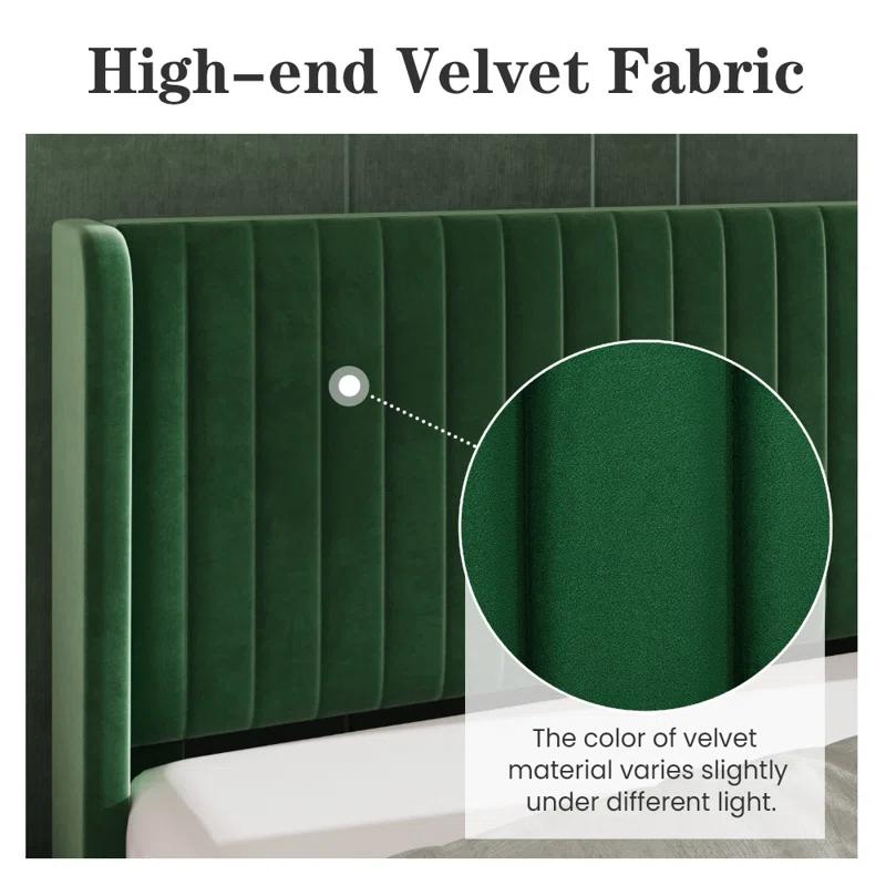 Candler Velvet Upholstered Platform Bed with Wingback Headboard and Wooden Slats