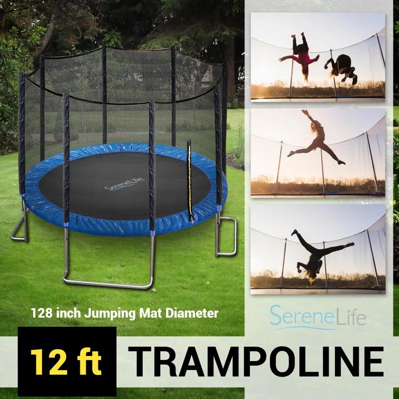 SereneLife Outdoor Trampoline With Enclosure 12Ft - Full Size Backyard Trampoline With Safety Net - Enclosed Trampoline For Kids, Teen, Adult - 12 Feet Indoor Outdoor Trampolines