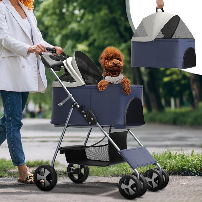 Folding Pet Stroller, Foldable Dog Jogger Stroller with Detachable Carrier, Basket and Cup Holder