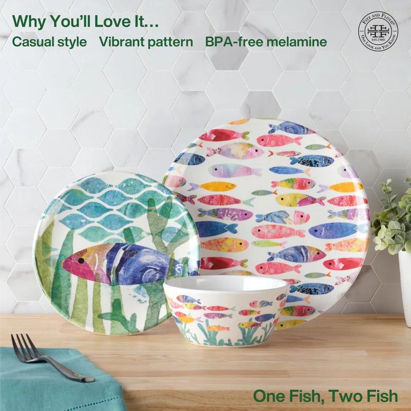 Fitz and Floyd Fitz and Floyd One Fish Two Fish 12-Piece Indoor/Outdoor Melamine Dinnerware Set, Service for 4