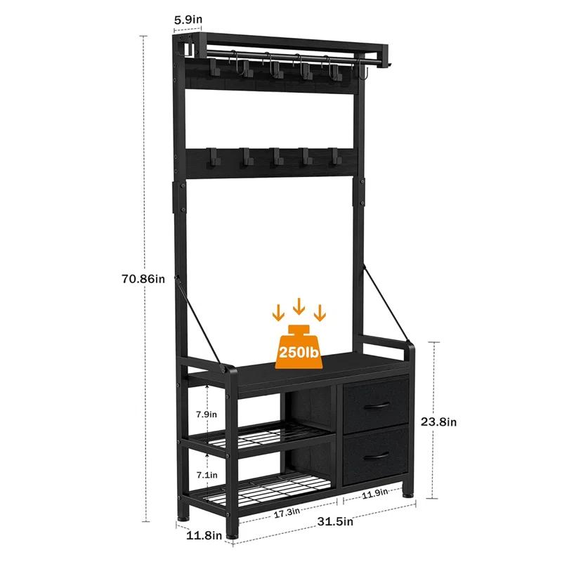 Hall Tree, 31” Entryway Bench with Coat Rack freestanding, 5 in 1 Intelligent Design Shoe Bench