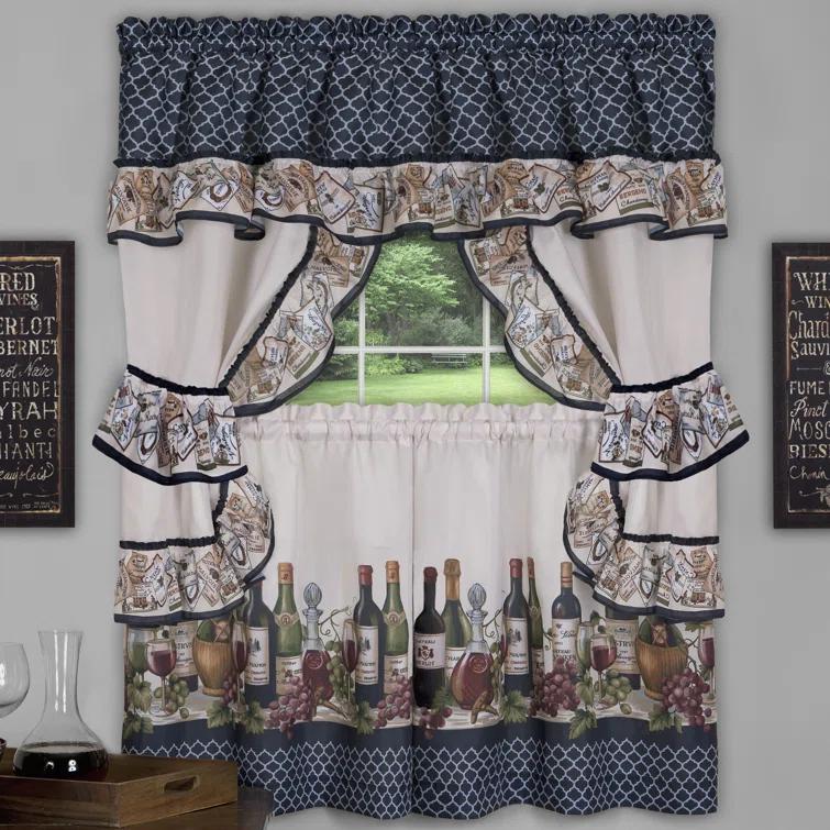 Ophelia & Co. Lange Floral Ruffled 57'' W Kitchen Curtain in Navy