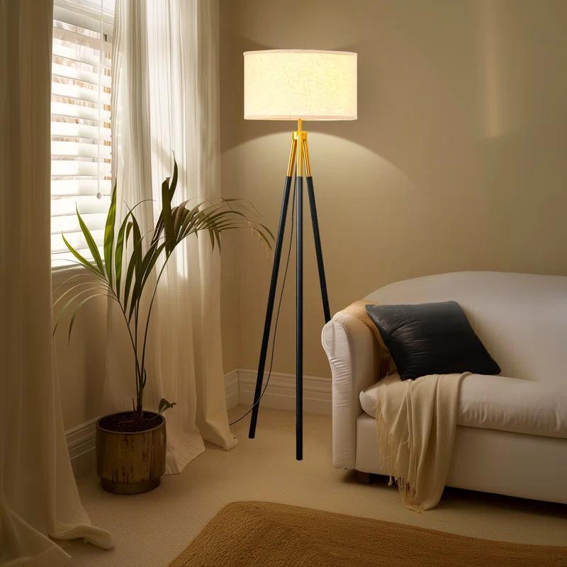 Brightech Levi 61 in. Mid Century Modern Tripod Floor Lamp with Fabric Drum Shade and Gold Finish - LED Bulb Included