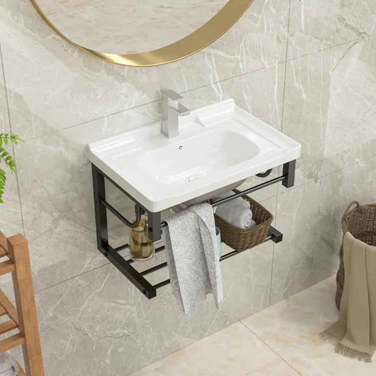 Lordear 23.75" L x 15.75" W Wall Mounted Bathroom Sink with Towel Rack White Ceramic Bathroom Wall Hung Sink LBS2315GP