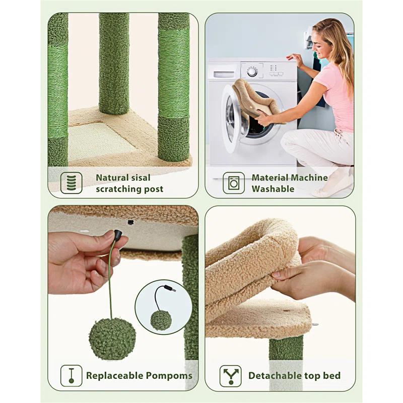 59" Cactus Cat Tree, Large Cat Tree For Indoor Cats, Cat Tower For Large Cats, Multi-Level Cat Tower, Cat Condo With Large Hammock, Scratching Post, And 2 Perches