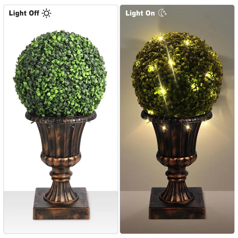 Yuan Home 2Pcs 12” Artificial Plant Topiary Ball With Pot, Faux Boxwood Balls With LED