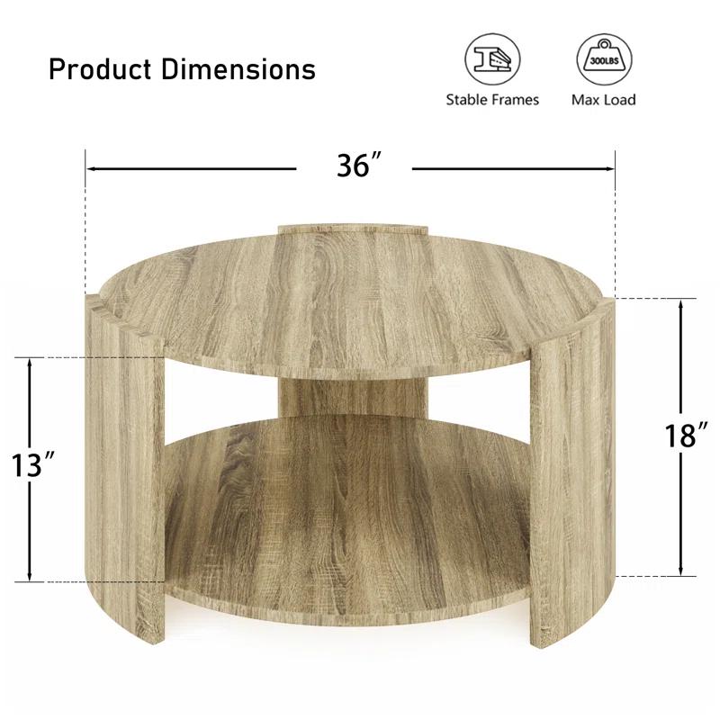 Ebern Designs Michaelee Round Coffee Table, 36" Rustic Modern Circle Coffee Tables with 2 Tier Storage Shelf, Cocktail Table for Living Room Apartment