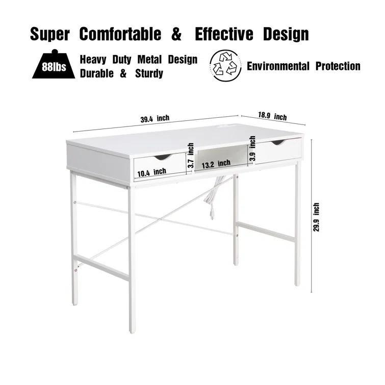 Ebern Designs Glenhill Writing Desk with Drawer - Built-In Power Outlets for Home Office