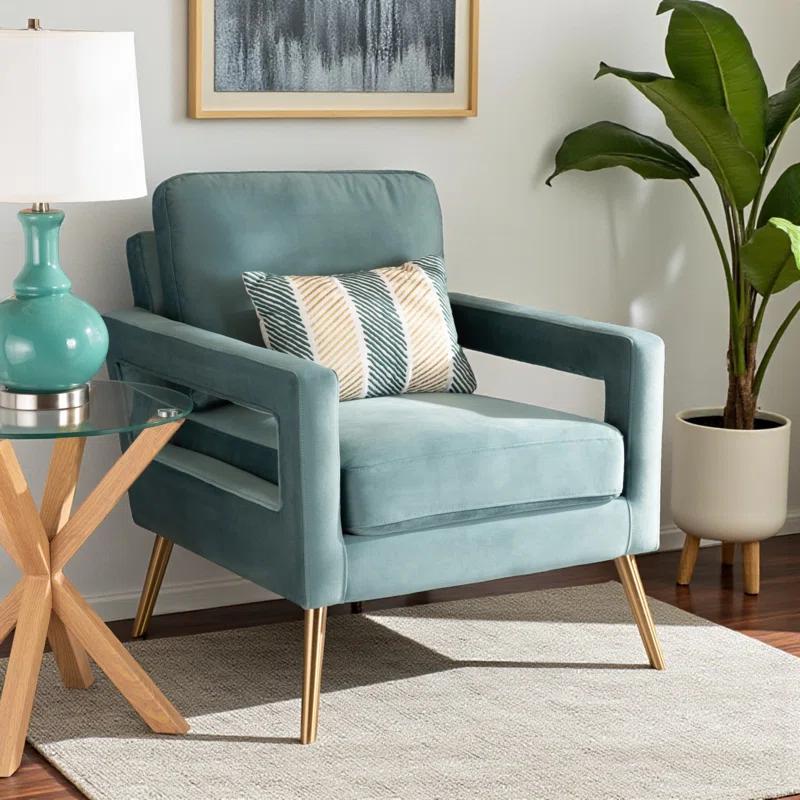 Everly Quinn Arbaaz Light Blue Velvet Fabric and Brushed Gold Leg Armchair, 34.5'' H X 29.1'' W X 34.5'' D