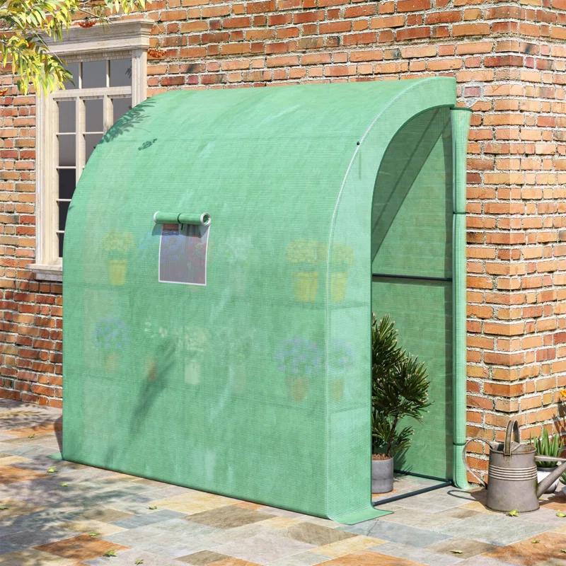 HLILish Outsunny 7' X 3' X 7' Lean To Greenhouse, Walk-In Green House, Plant Nursery With 2 Roll-Up Doors And Windows, PE Cover And 3 Wire Shelves