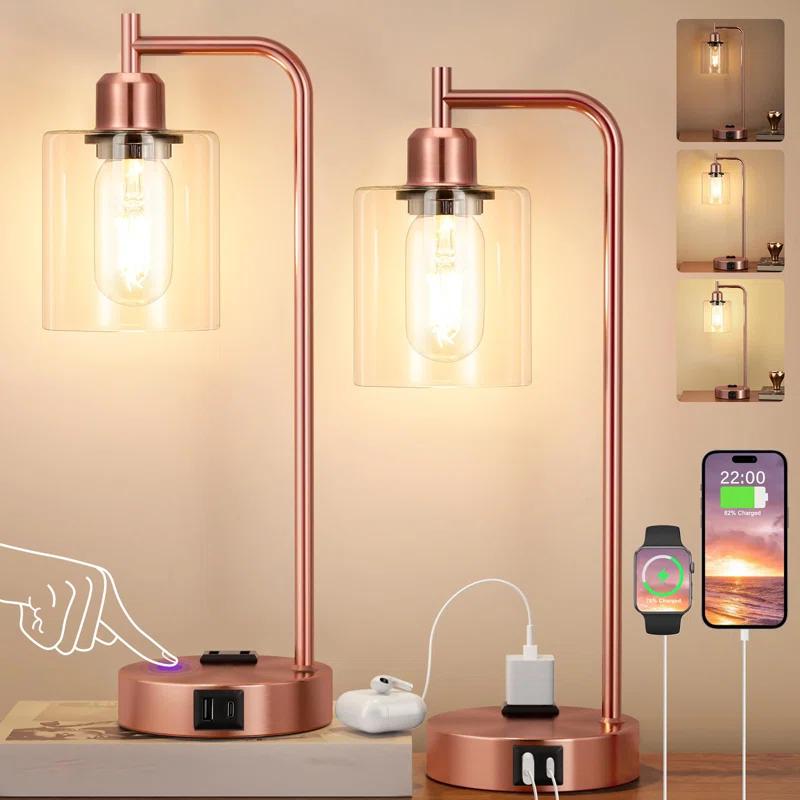 Latitude Run® Industrial Touch Table Lamps for Bedrooms Set of 2 - 3-Way Dimmable Nightstand Lamps with USB C+A Ports and Outlet, Bedside Lamps with Glass Shade for Living Room, Desk Lamps for Home Office
