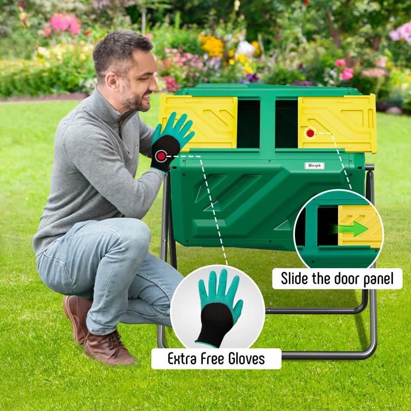 werph Werph 43 Gallon Dual Chamber Compost Tumbler Bin - Outdoor Rolling Composter with 2 Sliding Doors
