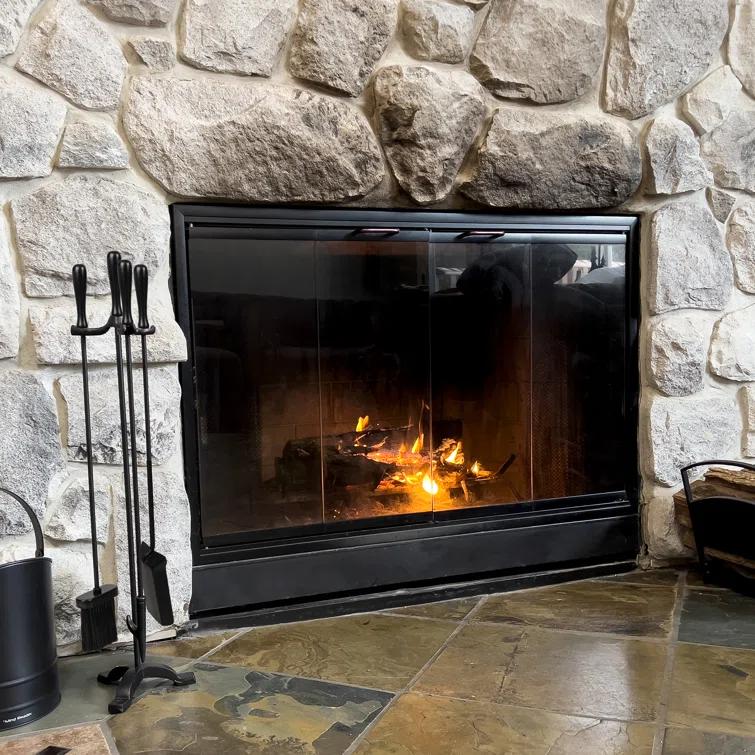 Symple Stuff Fireplace Tool Set, Poker, Ash Brush, Shovel Scoop, Stand, Wrought Iron and Steel, 6.25"L x 6.25"W x 30"H