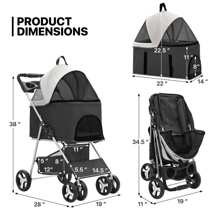 MoNiBloom Folding Pet Stroller, Foldable Dog Jogger Stroller with Detachable Carrier, Basket and Cup Holder