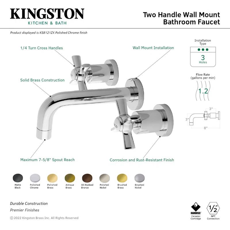 Kingston Brass KS8122ZX Kingston Brass Millennium Two-Handle 3-Hole Wall Mount Bathroom Faucet