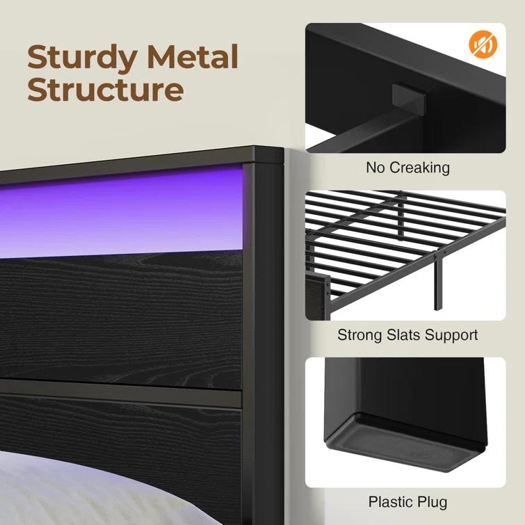 Ivy Bronx Deviana Metal Bed Frame with Headboard & Footboard and Charging Station, LED Light Included