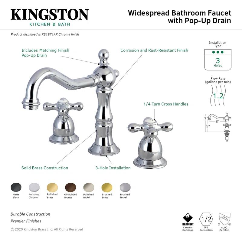 Kingston Brass KS1976AX Kingston Brass Heritage Two-Handle 3-Hole Deck Mount Widespread Bathroom Faucet with Brass Pop-Up Drain