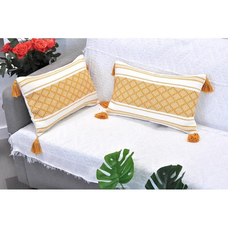 Oveesha Boho Lumbar Pillow Covers With Tassels, Outdoor/ Indoor Cotton Woven Rectangular Pillowcases (Set of 2)