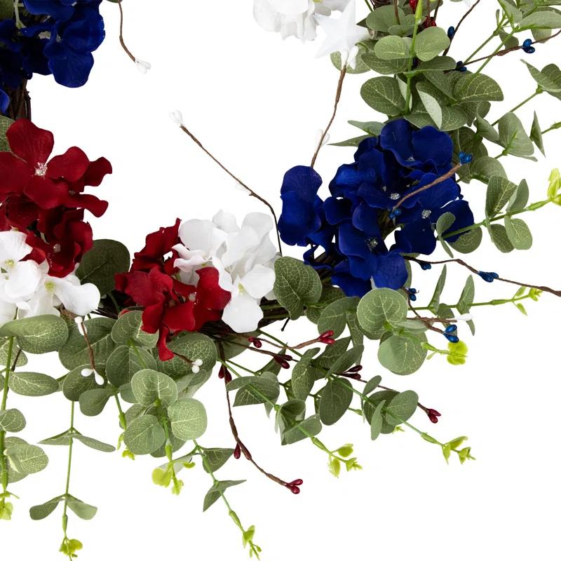 Northlight Seasonal Red white and Blue Hydrangea and Eucalyptus Patriotic Artificial Wreath