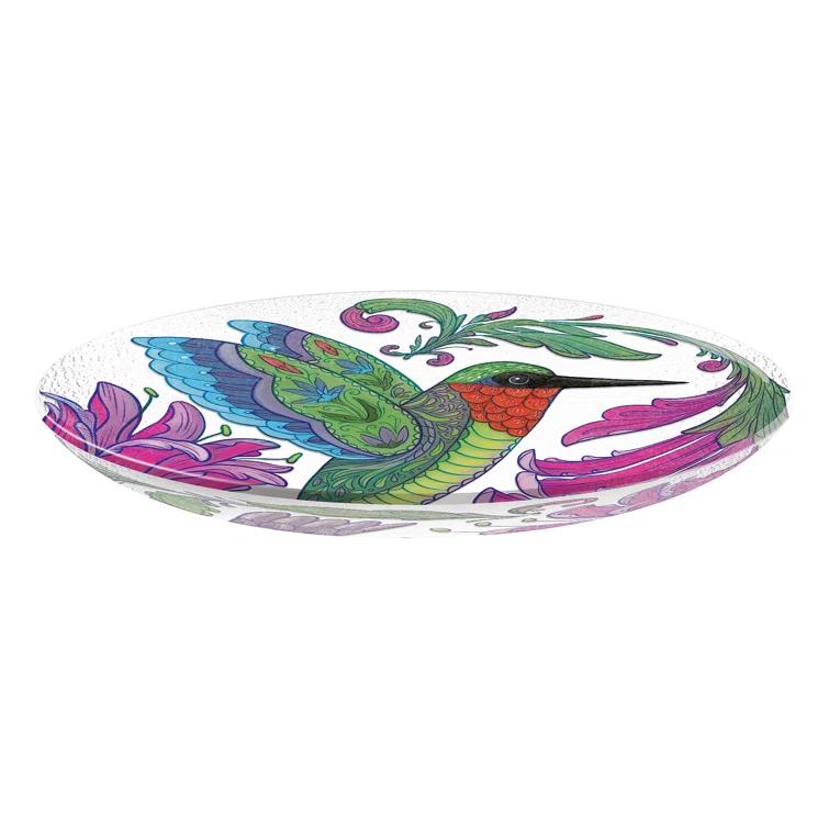 Evergreen Garden 18 inches Glass Bird Bath Bowl, Glass Painted Birdbath or Wild Bird Feeders for Outdoor Bird Bath Stand, Bird Bath Replacement Bowls Only (Hummingbird)