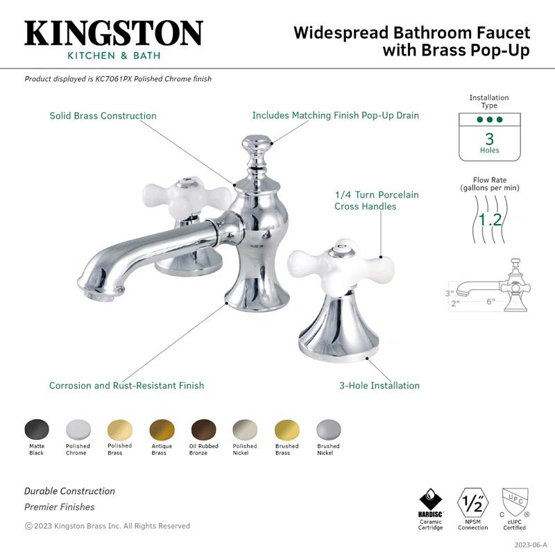 Kingston Brass KC7061PX Kingston Brass Vintage Two-Handle 3-Hole Deck Mount Widespread Bathroom Faucet with Brass Pop-Up Drain