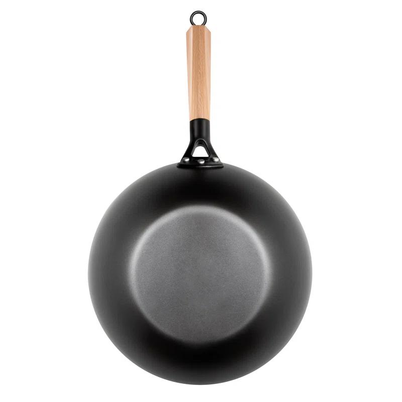 MasterPan Inc. Masterpan Carbon Steel Wok With Glass Lid Wooden Utensils Non-Stick Flat Bottom Asian Stir-Fry