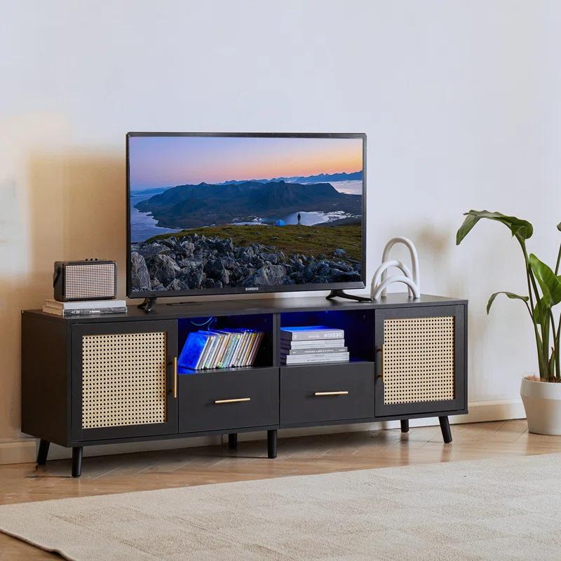 Bay Isle Home™ Heyer Large Wood Rattan TV Stand for TVs up to 75" with LED Light and Charging Station, Coastal Media Console Table, Multimedia Storage Furniture with 2 Drawers, Lighting TV Cabinet
