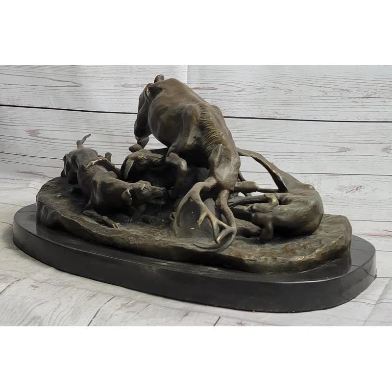 Red Barrel Studio® Sherrie Elk Stag Is Attacked By Pack Of Wild Dogs Bronze Sculpture Statue Antoine Barye Art Decor