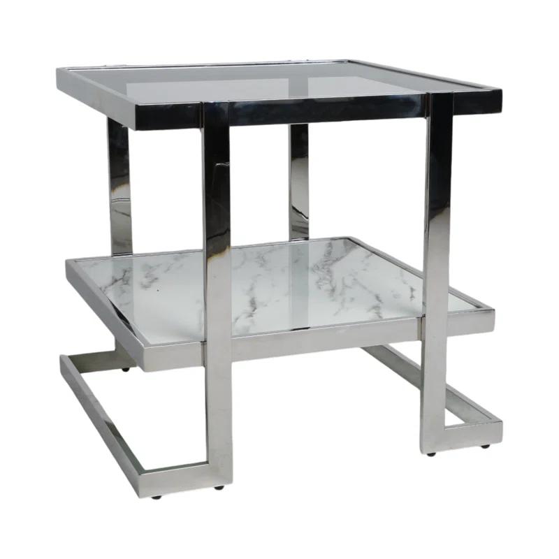 Mercer41 Atli Modern 24" Accent Table with Marble-Look Top, Glass Shelf & Gold Metal Geometric Frame for Living Room or Bedroom