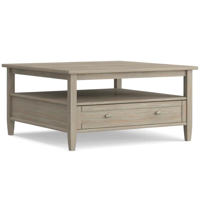 Simpli Home Warm Shaker 36"W Solid Wood Square Coffee Table with Two Drawers and Open Shelf