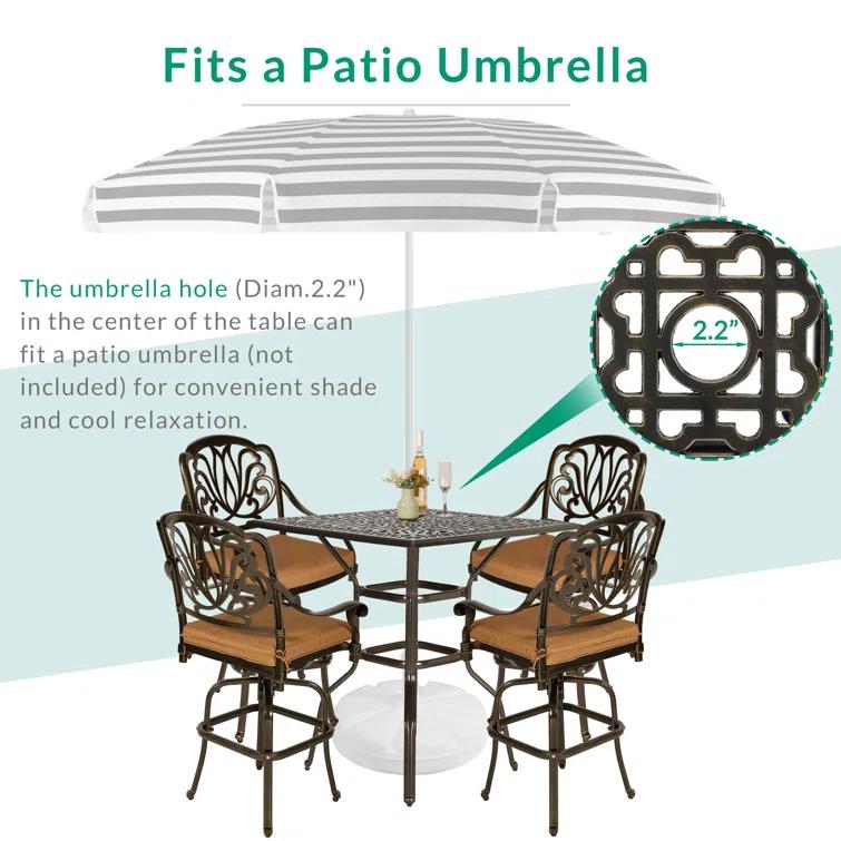 Bloomsbury Market Bloomsbury Market 5-piece Bar Height Patio Dining Set, All Weather Cast Aluminum Outdoor Table And Chairs Set With 4 Swivel Bar Stools, Cushions & 35.38" High Bar Table W/umbrella Hole For Deck, Lawn, Garden