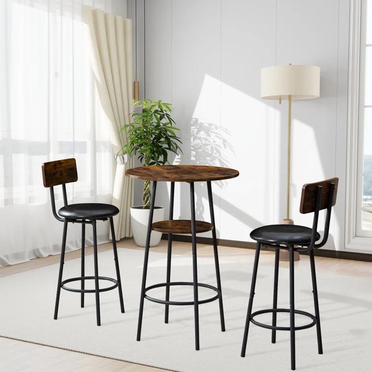 17 Stories Rustic Charm Bar Set,Weather-Resistant 3-Piece Bistro Table & Stools with Plush Backrests – Perfect for Cozy Outdoor Dining