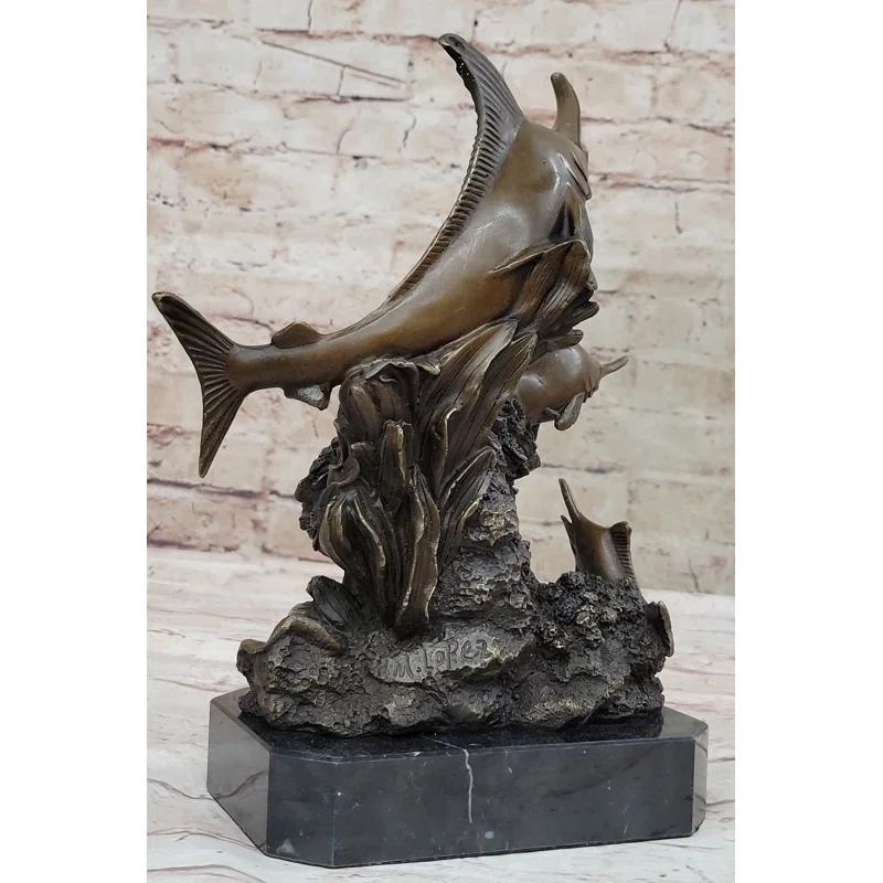 Rosecliff Heights Original Bronze Statue Sculpture Of Marlin Sailfish Swordfish Jumping Out Of Ocean On Marble Base