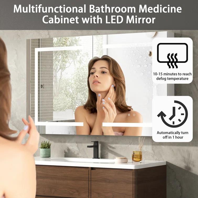Ebern Designs Christhilde Medicine Cabinet with LED Mirror for Bathroom, Defog, Stepless Dimming, 3 Color Change, 2 Outlets, 2USB