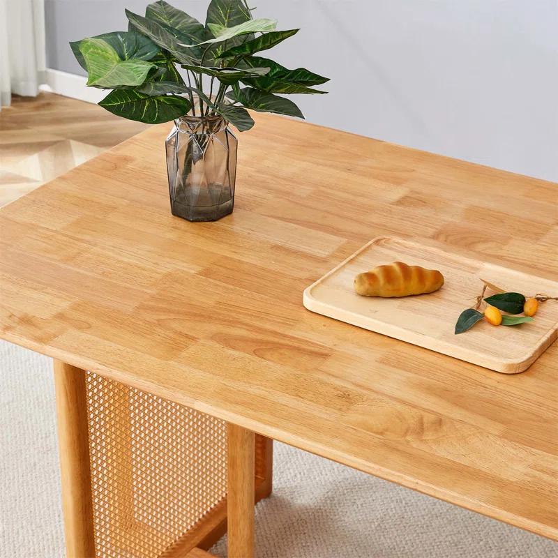 Corrigan Studio® Walshaw Table And Chair Set, Ancient Style Solid Wood Dining Table, Imitation Rattan Table Legs, Beautiful Simple Solid Wood Dining Chair, Perfect For Dinner, Meetings, Home And Office Decoration