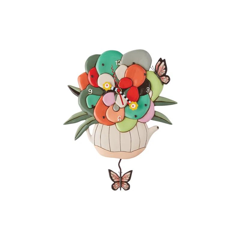 Allen Designs Tea Pot with Flowers and Butterflies Battery Operated Sculpted Pendulum Wall Clock 9.85 Inch