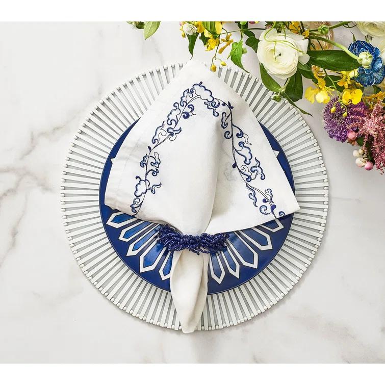 White and Navy Embroidered Linen Napkin Set