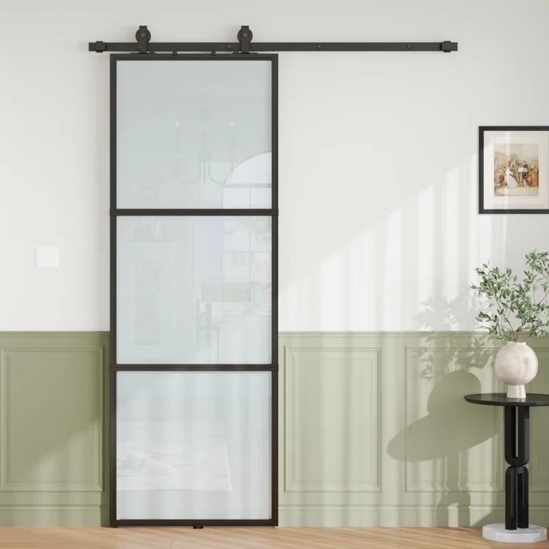 TREEBLING 84" Metal and Glass Sliding Barn Door with Two-Way Soft Close and Installation Hardware Kit