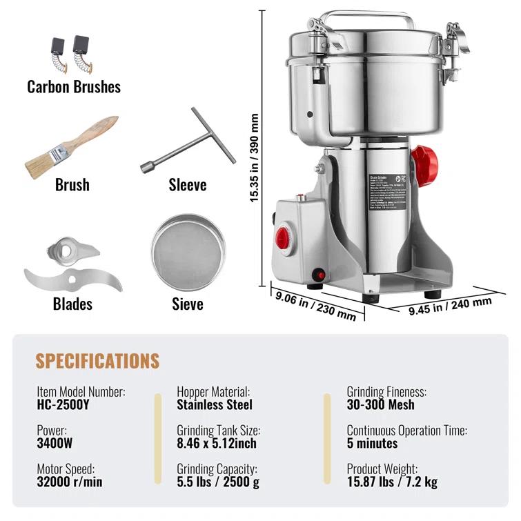 VEVOR 2500g Commercial Spice Grinder Electric Grain Mill Grinder High Speed | Wayfair