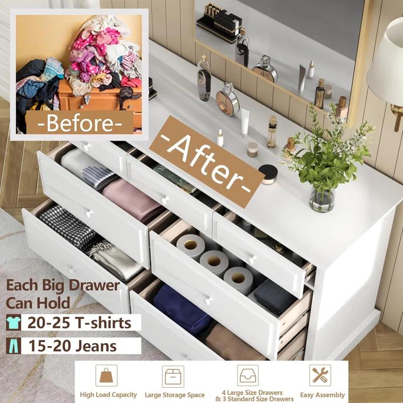 Raydyn 7 Drawers White Double Dressers Chests for Bedroom, Large Storage Dressers Organizer for Bedroom, Long Dresser Tv Stand, Vintage Solid Tall Closet Dressers with Storage for Living Room, Hallway