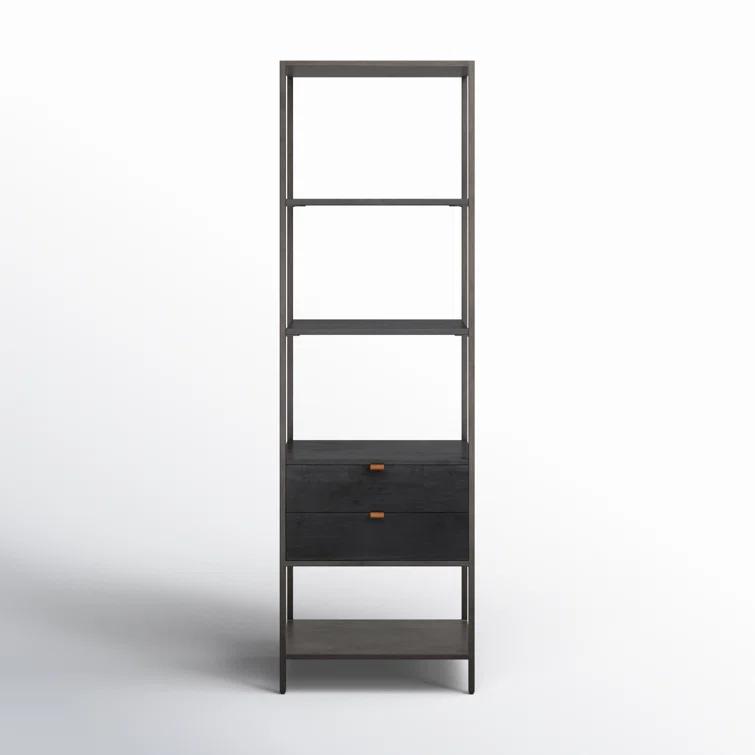 Contemporary Black Wash Poplar Bookshelf with Leather Pulls