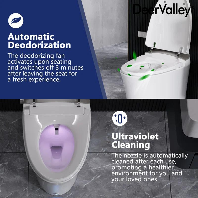 DeerValley DV-1S0150-V3 Smart Bidet Toilet Elongated, Auto Open/Close Lid, Seat Heat, Foot Kick & Blackout Flush, Premium