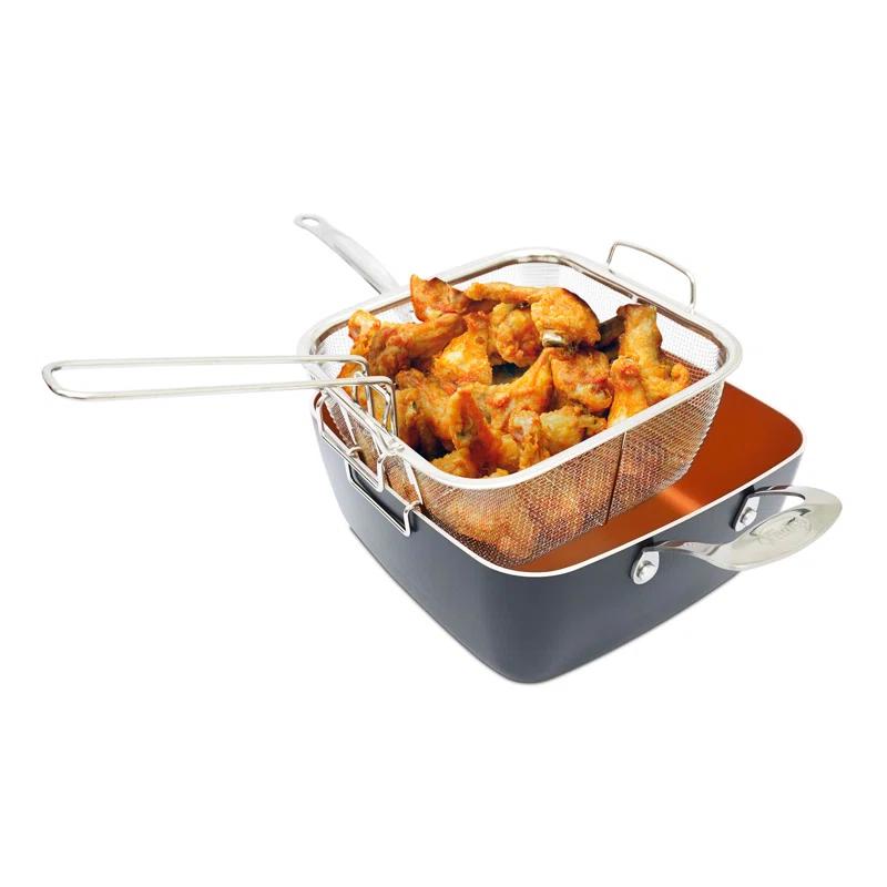 Gotham Steel Gotham Steel 9.5" Deep Squre Nonstick Pan with Steamer Tray, Fry Basket and Glass Lid