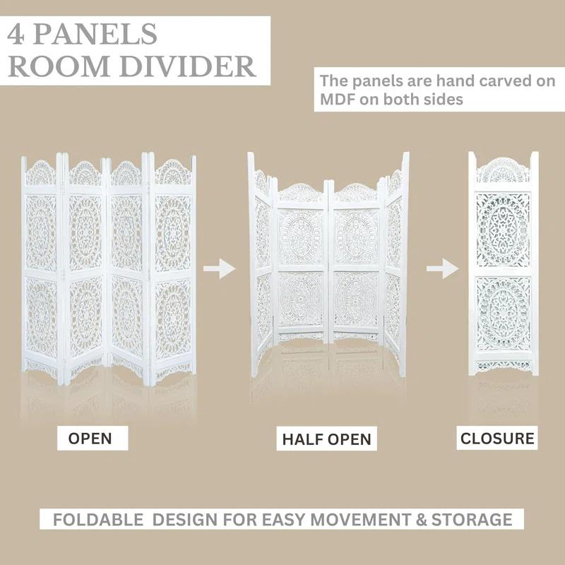 Canora Grey Light & Pro Wood Heart Design Handmade Hinged Foldable Partition 4 Panel Room Divider Screen With Intricately Carved Designs, Pre Assembled - Ready To Use - 48" X 64"