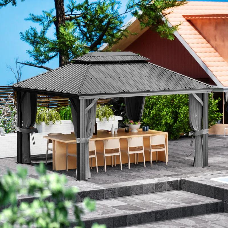 Kozyard Kozyard Alexander Gray Double Roof Hardtop Gazebo with Privacy Curtain Mosquito Netting