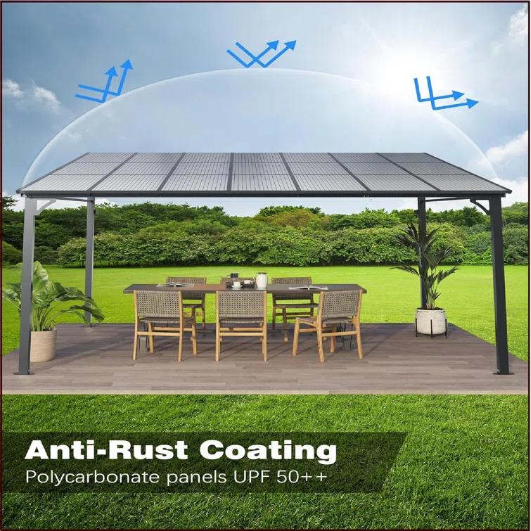 babevy 12' X 14' Lean To Gazebo, Hardtop Wall Pergola With Polycarbonate Roof, Aluminum Frame Mounted Gazebo For Lawn Patio Deck Yard And Party