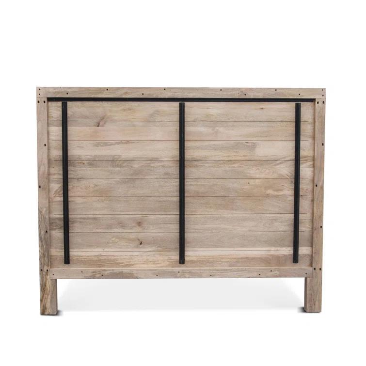 Natural White Mango Wood Queen Bed with Carved Headboard