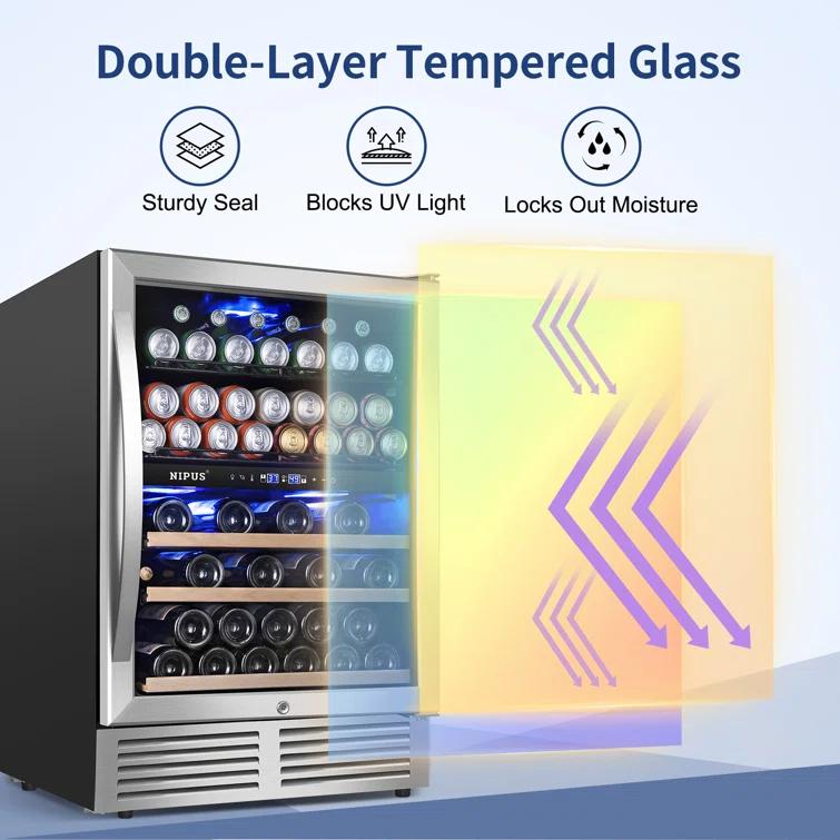 Nipus 24 Inch 94 Can and 27 Bottle Dual Zone Wine & Beverage Refrigerator Freestanding Built-in Beer and Drink Cooler with Glass Door For Kitchen, Bar or Office Classic Series